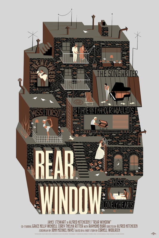 「裏窓」バリアント Rear Window Variant Poster by Adam Simpson.  24"x36" screen print. Hand numbered. Edition of 110.  Printed by D&L Screenprinting.  US$65