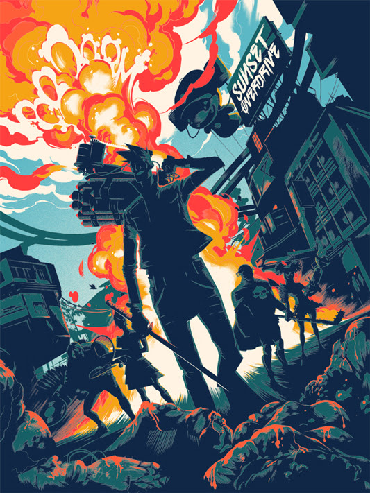 SUNSET OVERDRIVE Poster by Matt Taylor.  18"x24" screen print. Hand numbered. Edition of 175.  Printed by D&L Screenprinting.  US$40